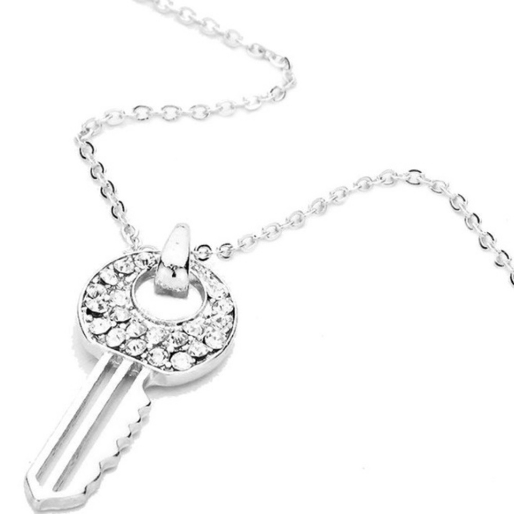 Dainty Silver Rhinestone Key Necklace